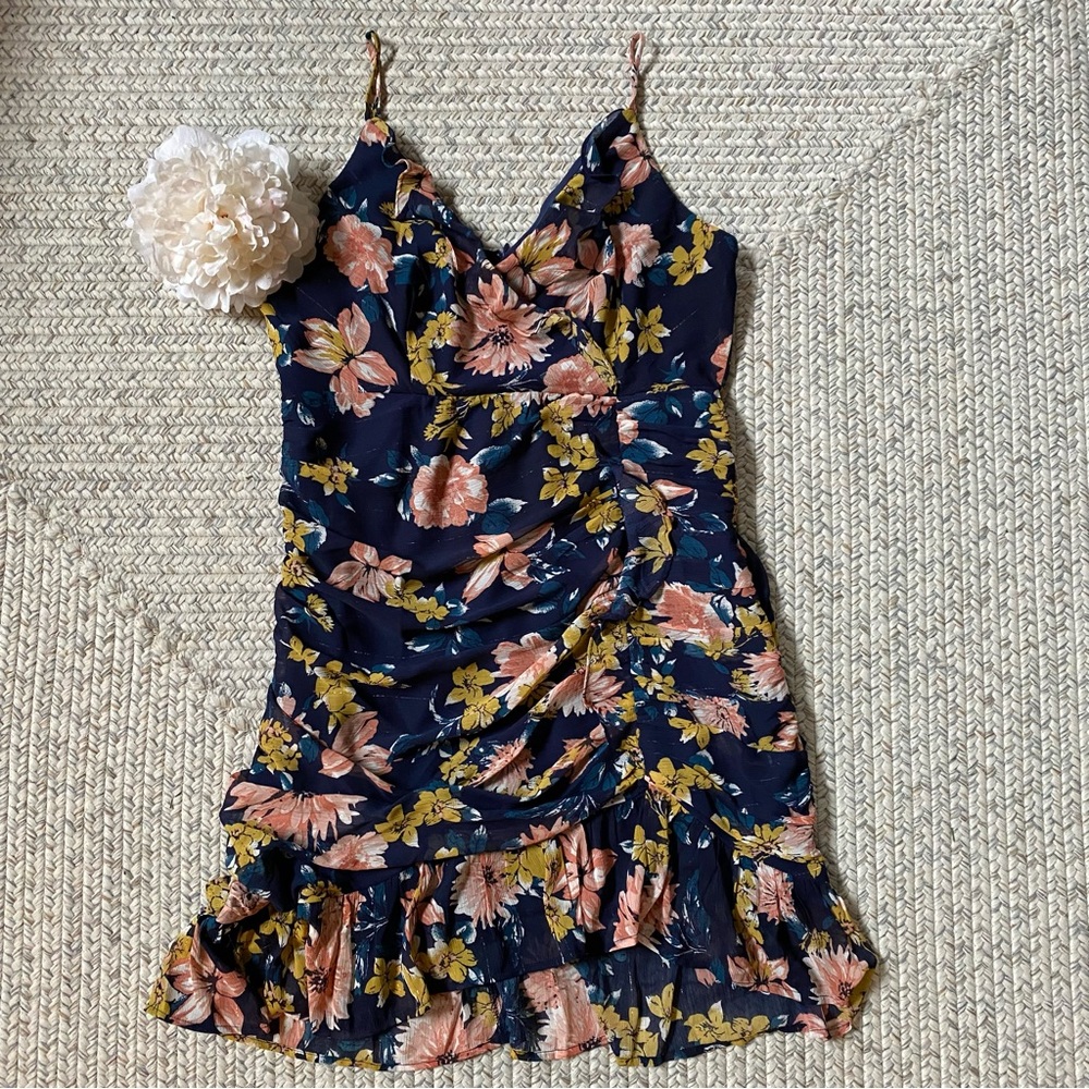 Lulu's Dress Stunning Soiree Navy Blue Floral Ruched Mini |